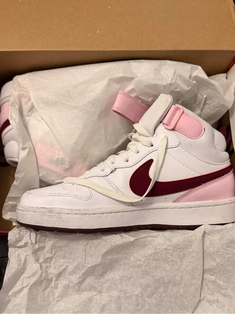 Nike White High-Top Sneakers with Pink Strap and Maroon Swoosh